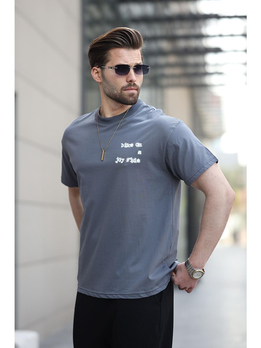 Gri Füme Baskılı Basic Erkek %100 Pamuk Tişört E7150