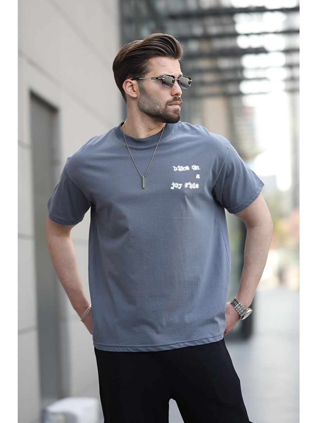 Gri Füme Baskılı Basic Erkek %100 Pamuk Tişört E7150-1