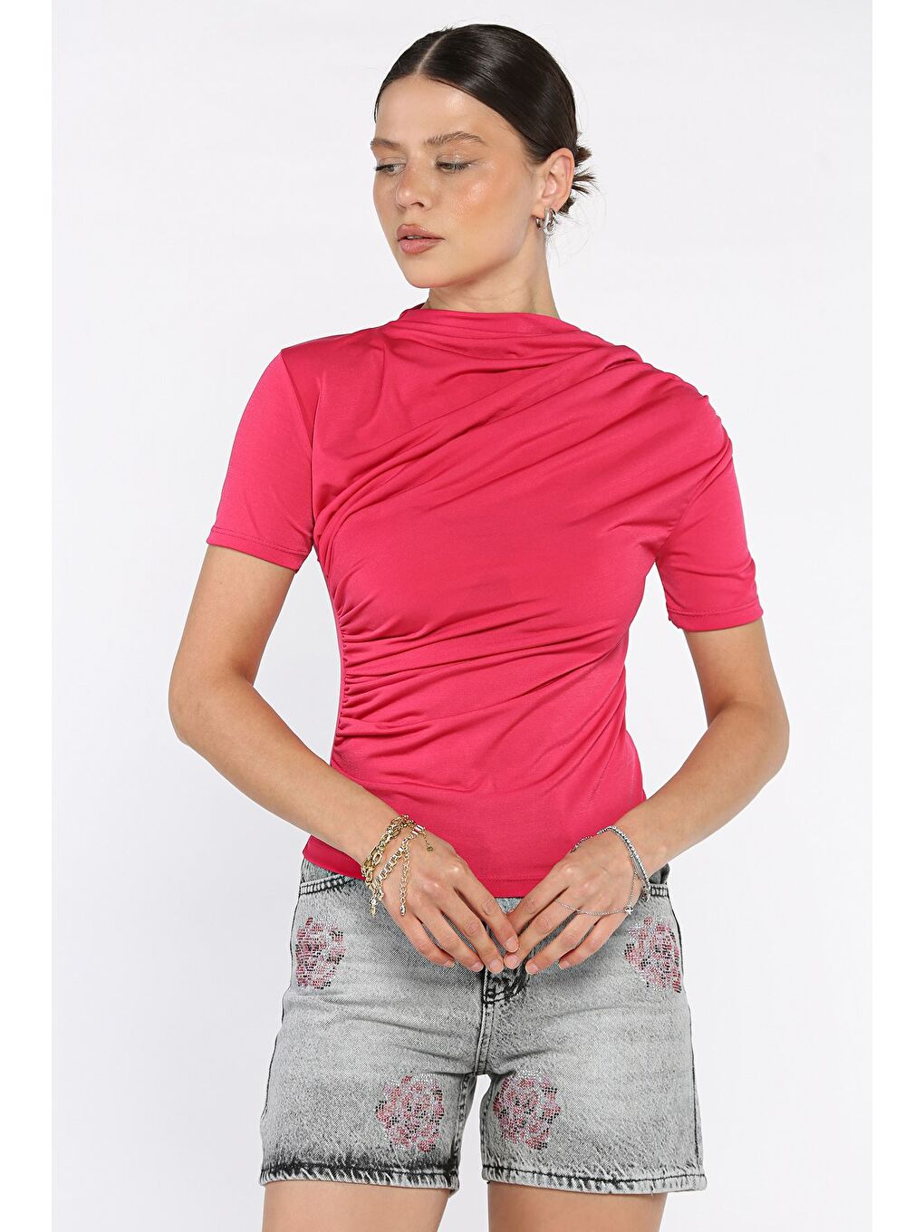 Fuşya Kadın Omuz Ve Bel Drapeli Kısa Kol Bluz-1