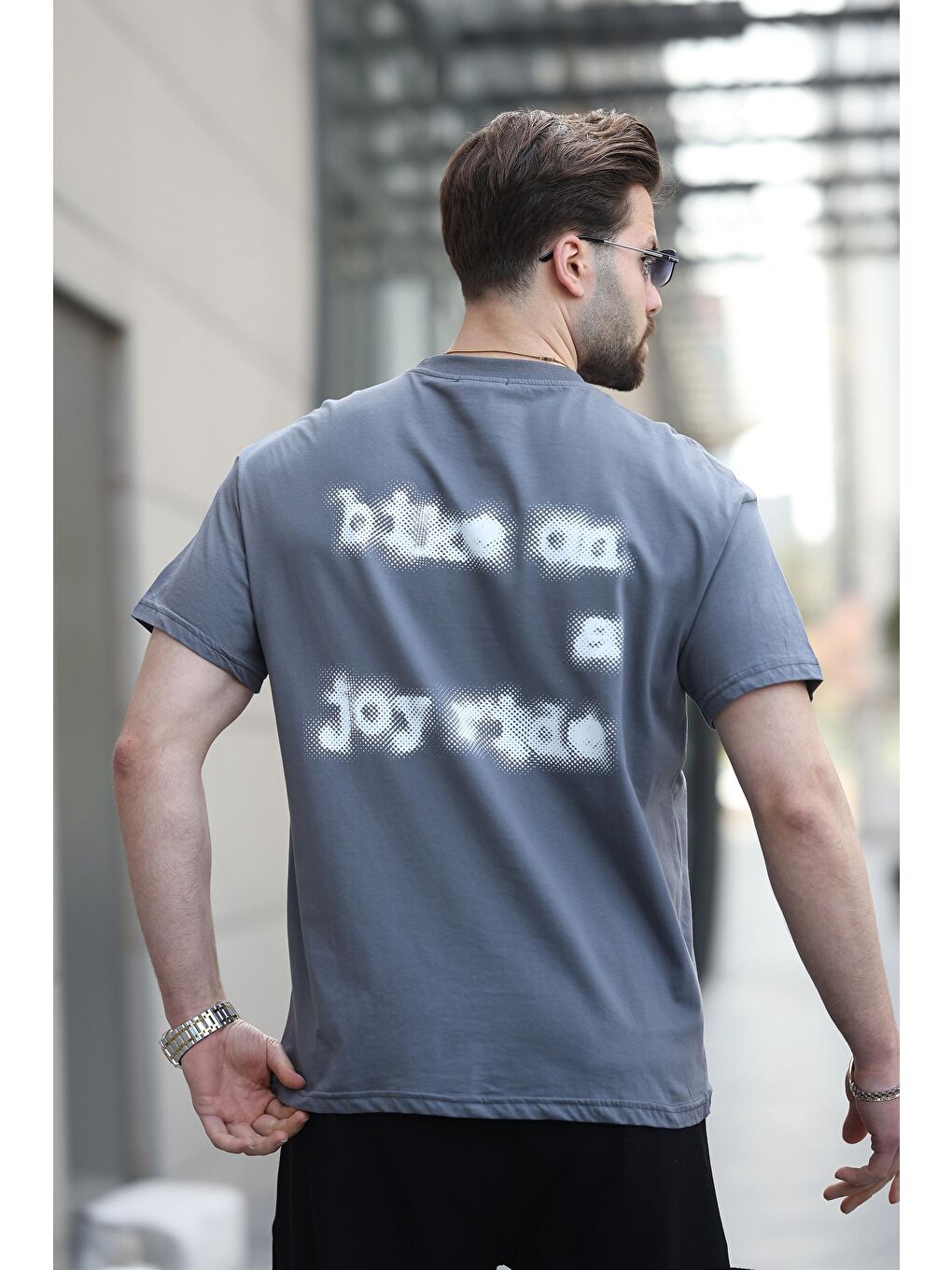 Gri Füme Baskılı Basic Erkek %100 Pamuk Tişört E7150-2
