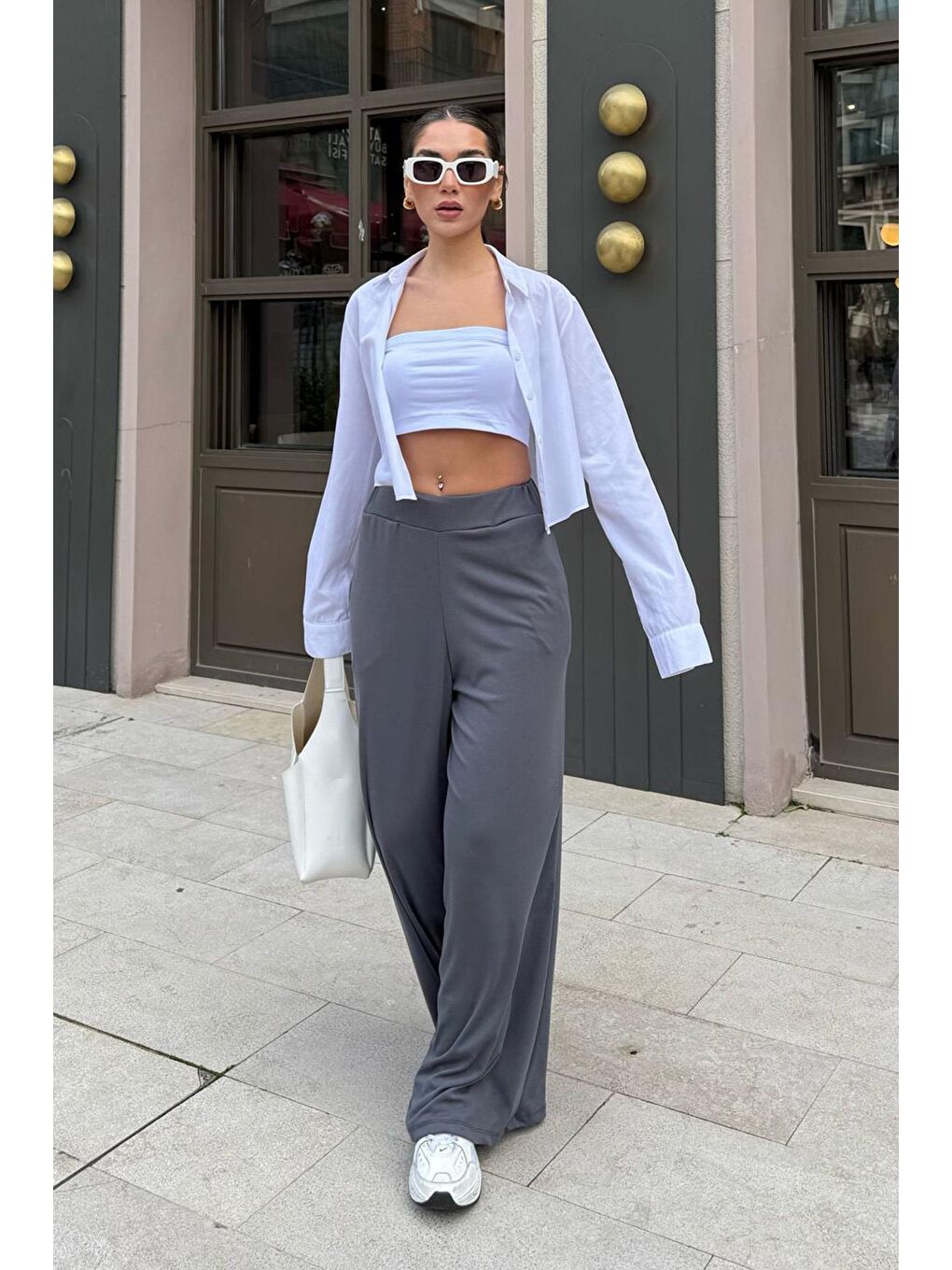 Gri Füme Yüksek Bel Rahat Kesim Geniş Paça Kadın Pantolon Mg2309-1