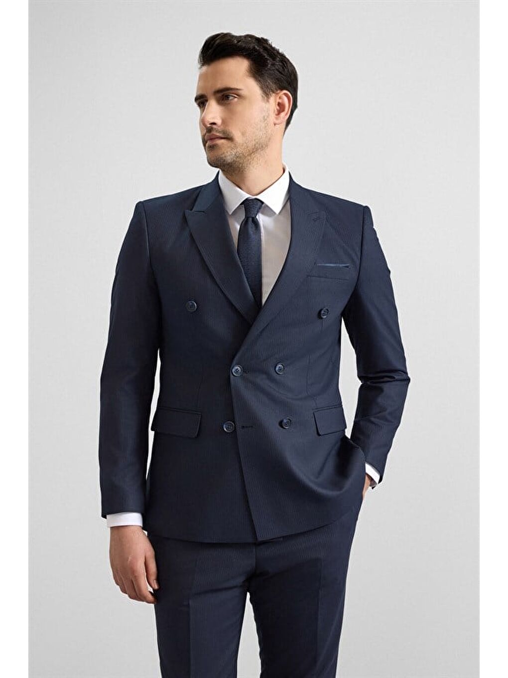 Lacivert Slim Kruvaze Yaka 6 Drop Takım Elbise-1