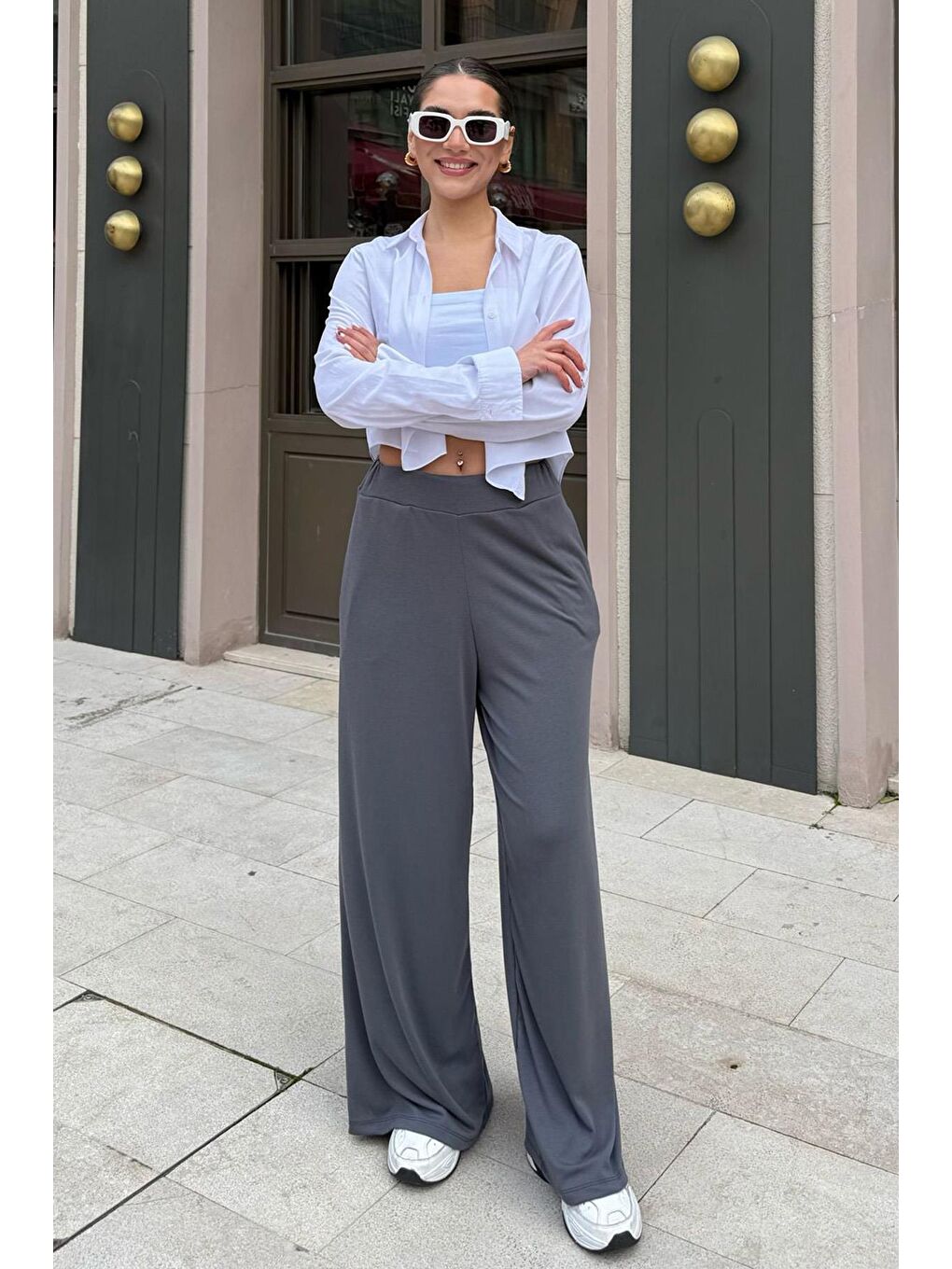 Gri Füme Yüksek Bel Rahat Kesim Geniş Paça Kadın Pantolon Mg2309-2