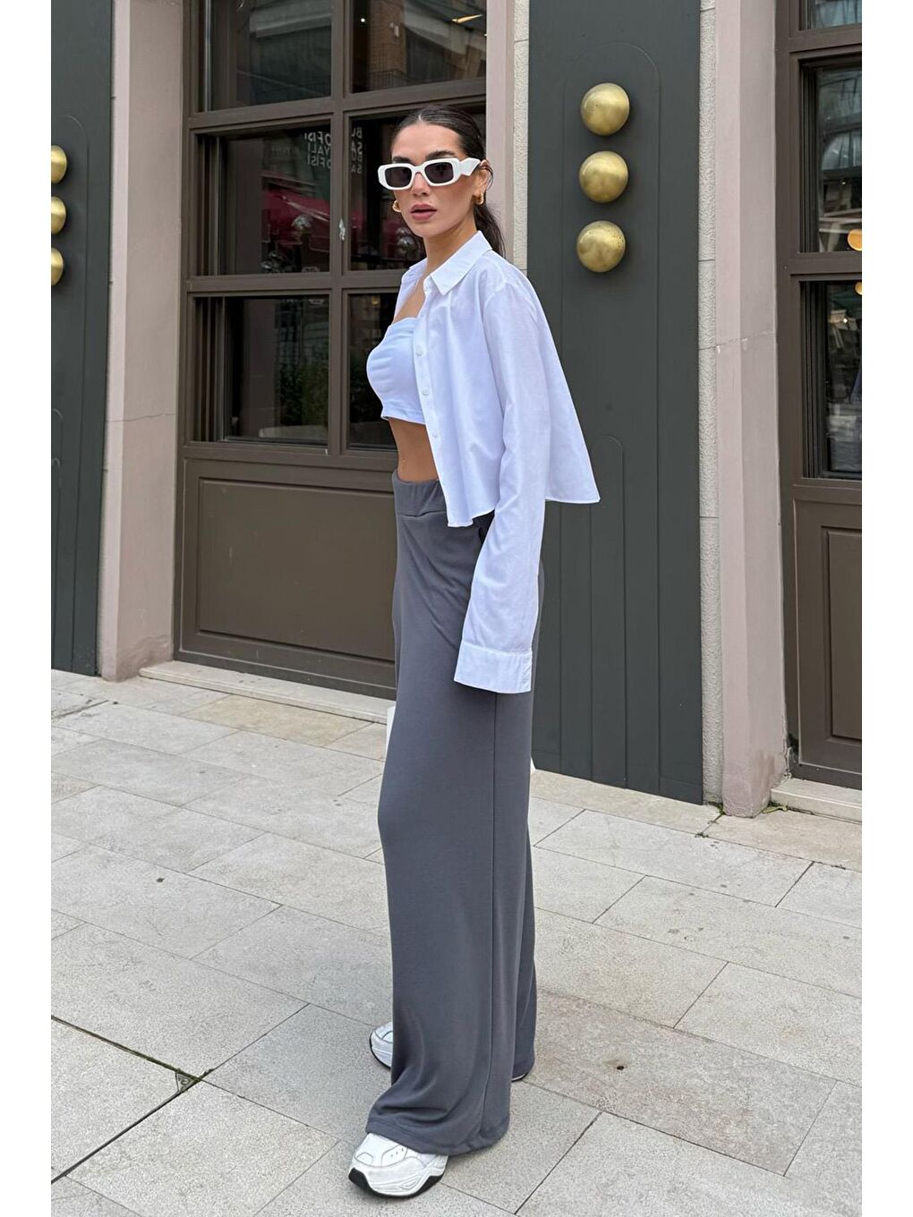 Gri Füme Yüksek Bel Rahat Kesim Geniş Paça Kadın Pantolon Mg2309-3