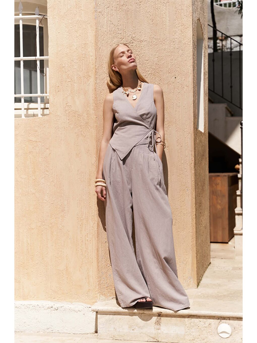 Moibel Bağcık Detay Gri Crop Pantolon Takım-1