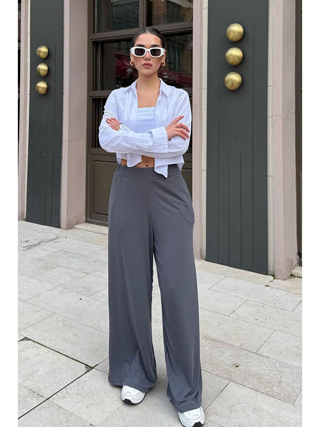 Gri Füme Yüksek Bel Rahat Kesim Geniş Paça Kadın Pantolon Mg2309-4