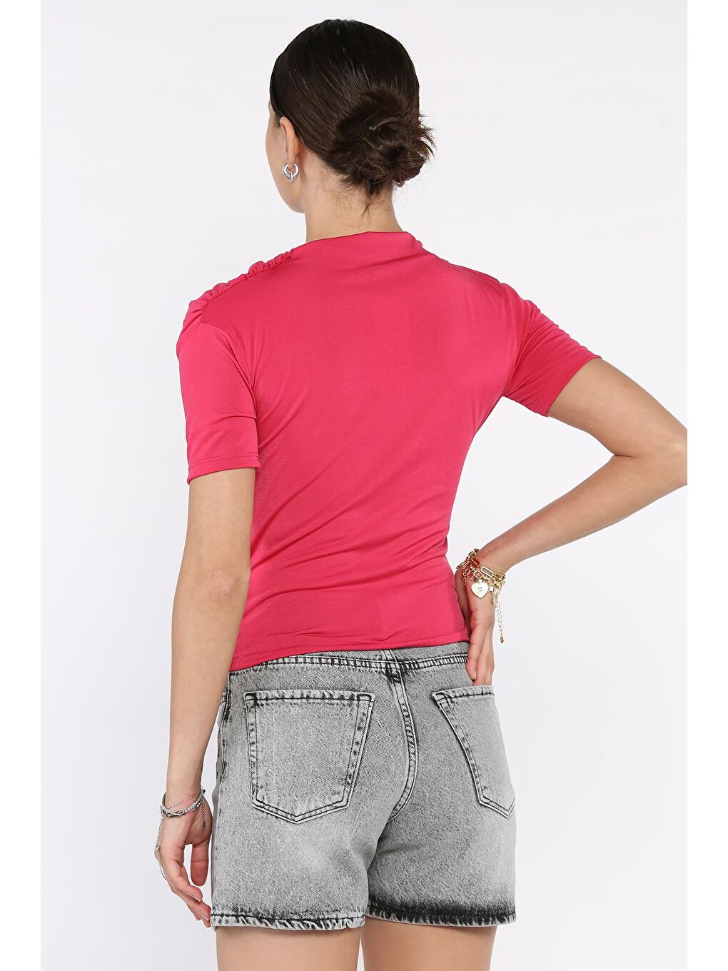 Fuşya Kadın Omuz Ve Bel Drapeli Kısa Kol Bluz-2