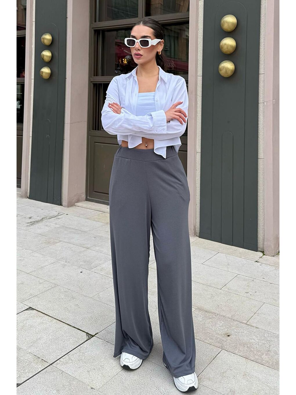 Gri Füme Yüksek Bel Rahat Kesim Geniş Paça Kadın Pantolon Mg2309-5