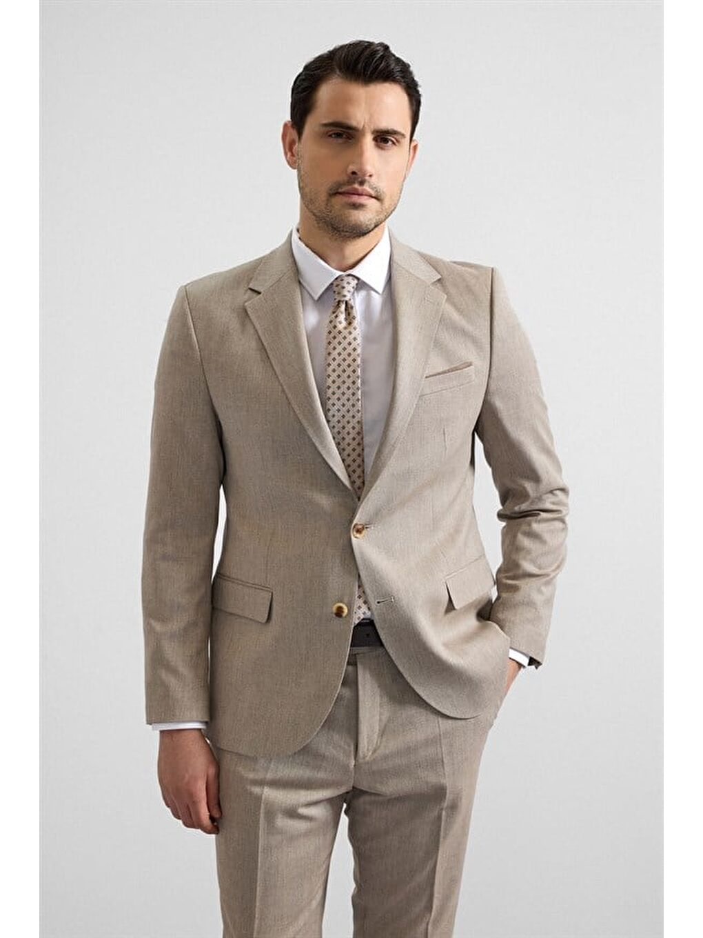 Bej Slim Sivri Yaka 6 Drop Takım Elbise-6