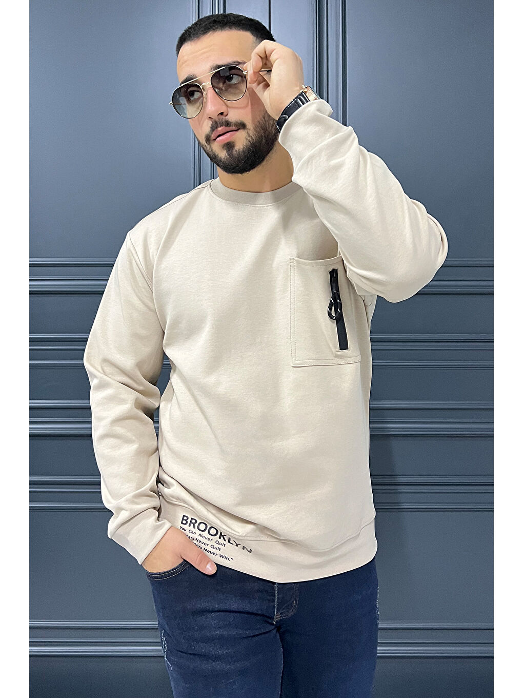 Mishar İtalia Bej Bisiklet Yaka Cep Fermuar Detaylı Double Face Erkek Sweatshirt - 1