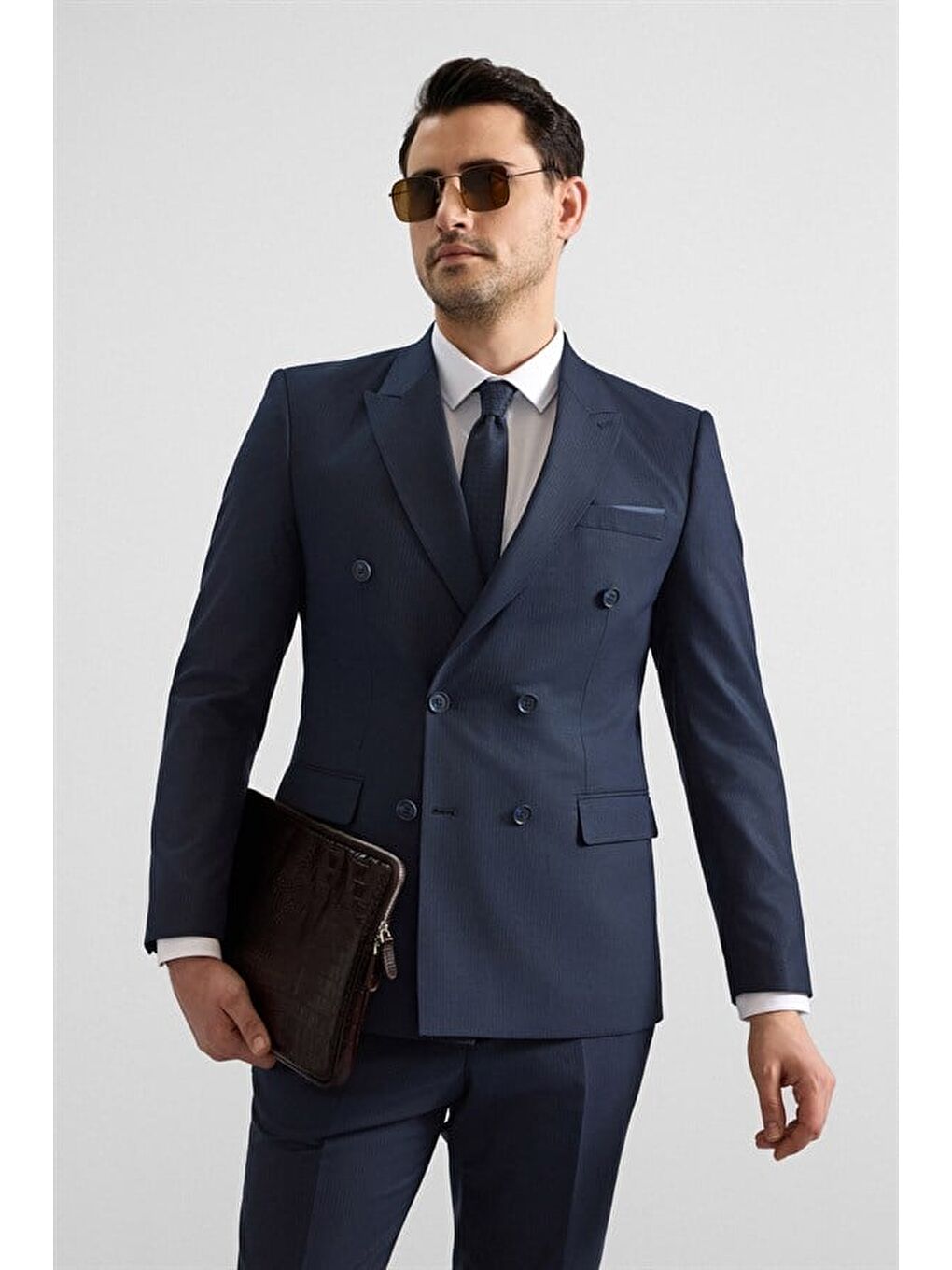 Lacivert Slim Kruvaze Yaka 6 Drop Takım Elbise-5