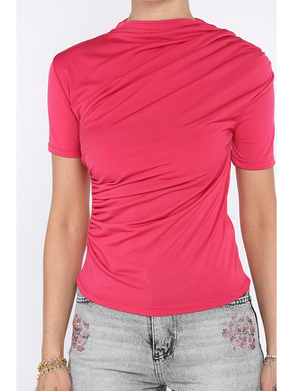Fuşya Kadın Omuz Ve Bel Drapeli Kısa Kol Bluz-3