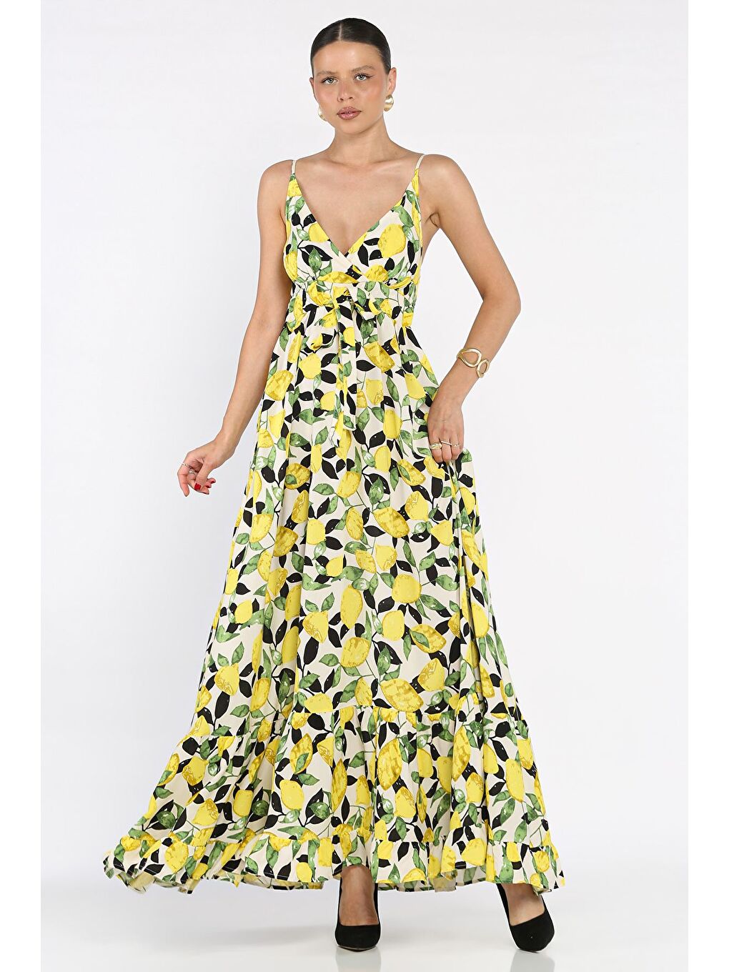 Sarı İp Askılı Bel Bağcıklı Desenli Viskon Elbise