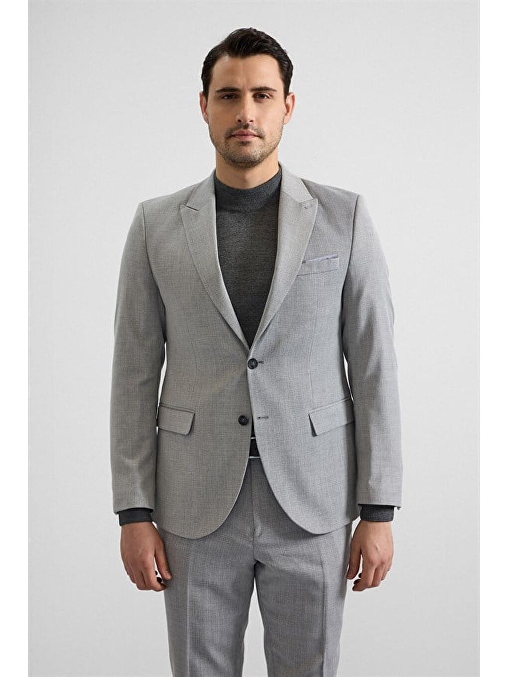 Gri Slim Sivri Yaka 6 Drop Takım Elbise