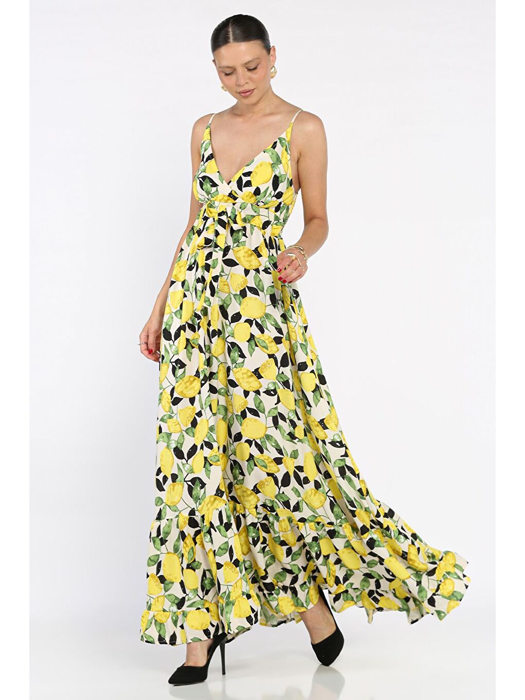 Sarı İp Askılı Bel Bağcıklı Desenli Viskon Elbise-1