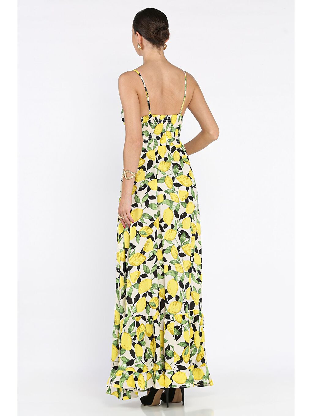 Sarı İp Askılı Bel Bağcıklı Desenli Viskon Elbise-2