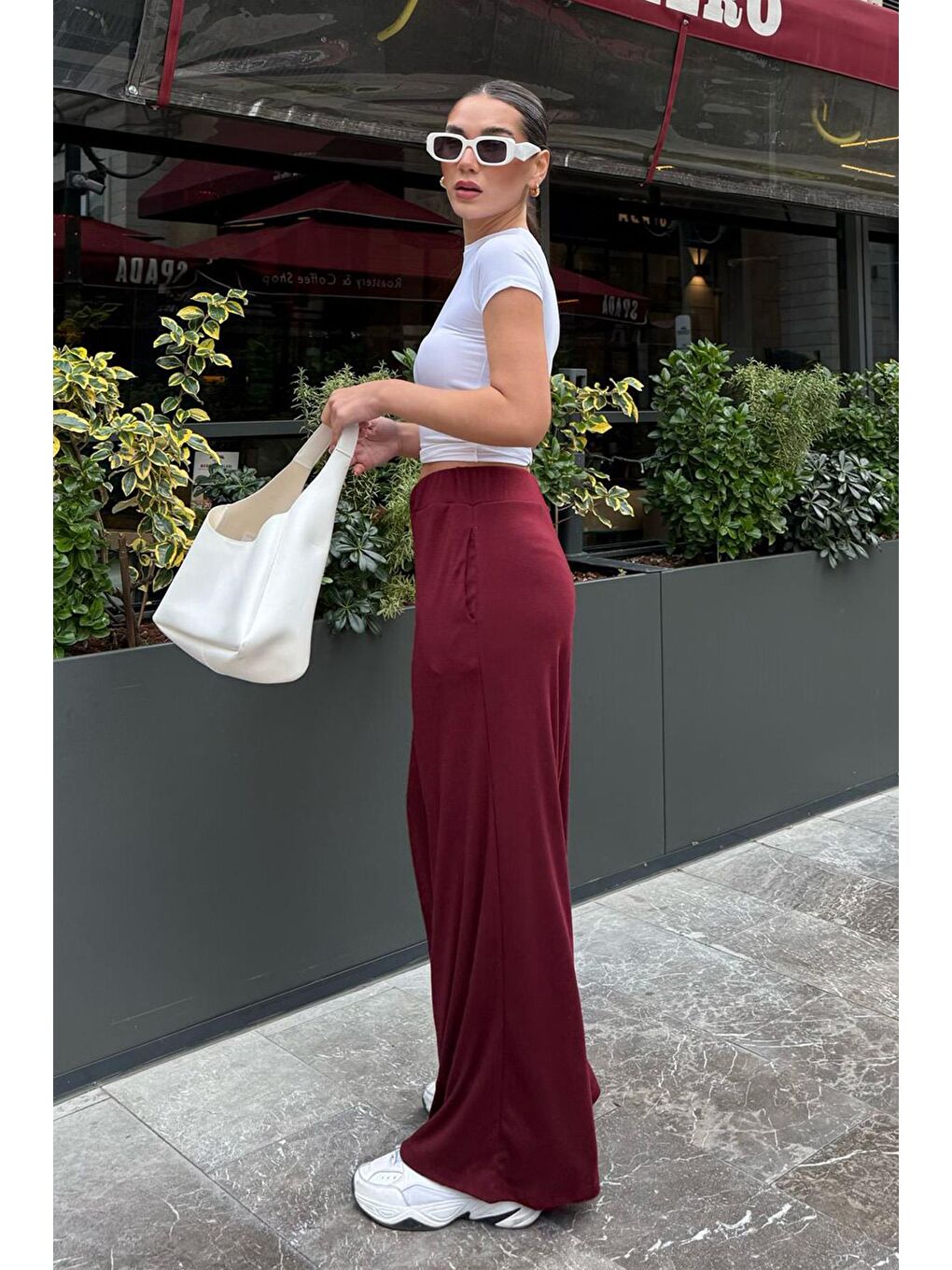 Bordo Yüksek Bel Rahat Kesim Geniş Paça Kadın Pantolon Mg2309-1