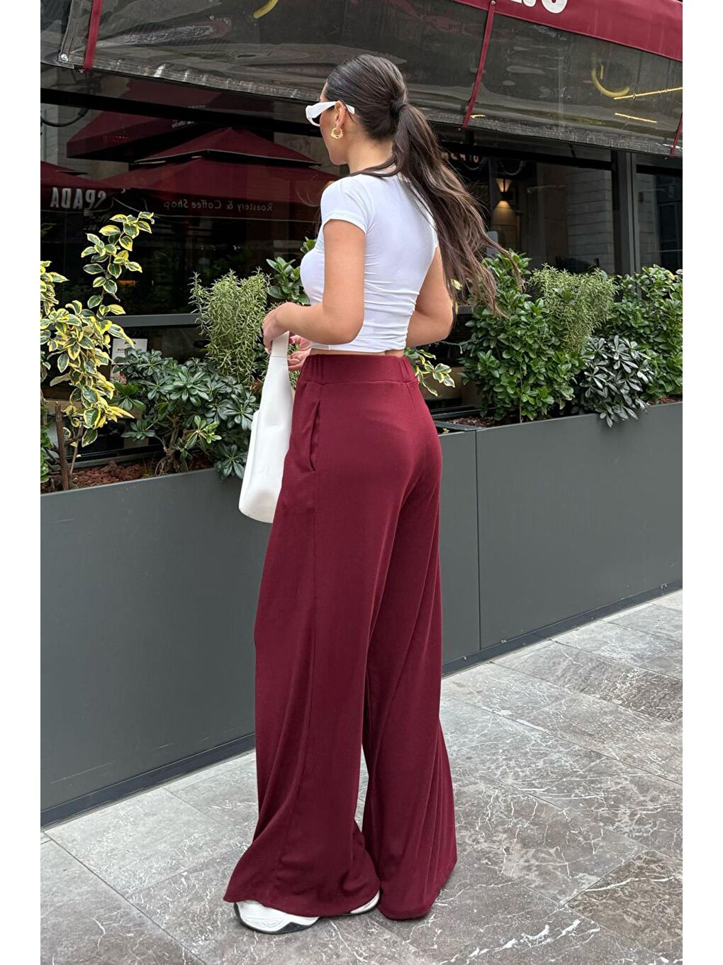 Bordo Yüksek Bel Rahat Kesim Geniş Paça Kadın Pantolon Mg2309-2