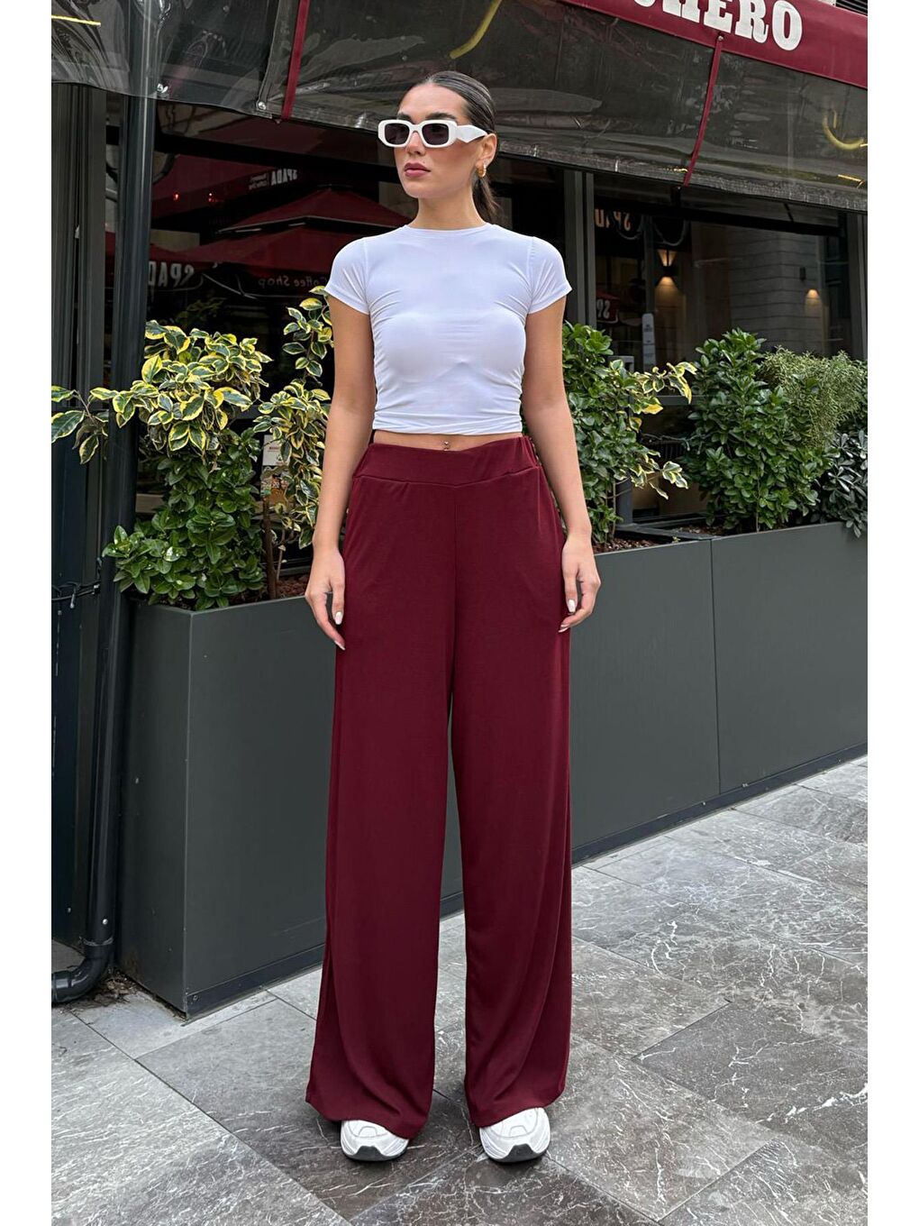 Bordo Yüksek Bel Rahat Kesim Geniş Paça Kadın Pantolon Mg2309-3