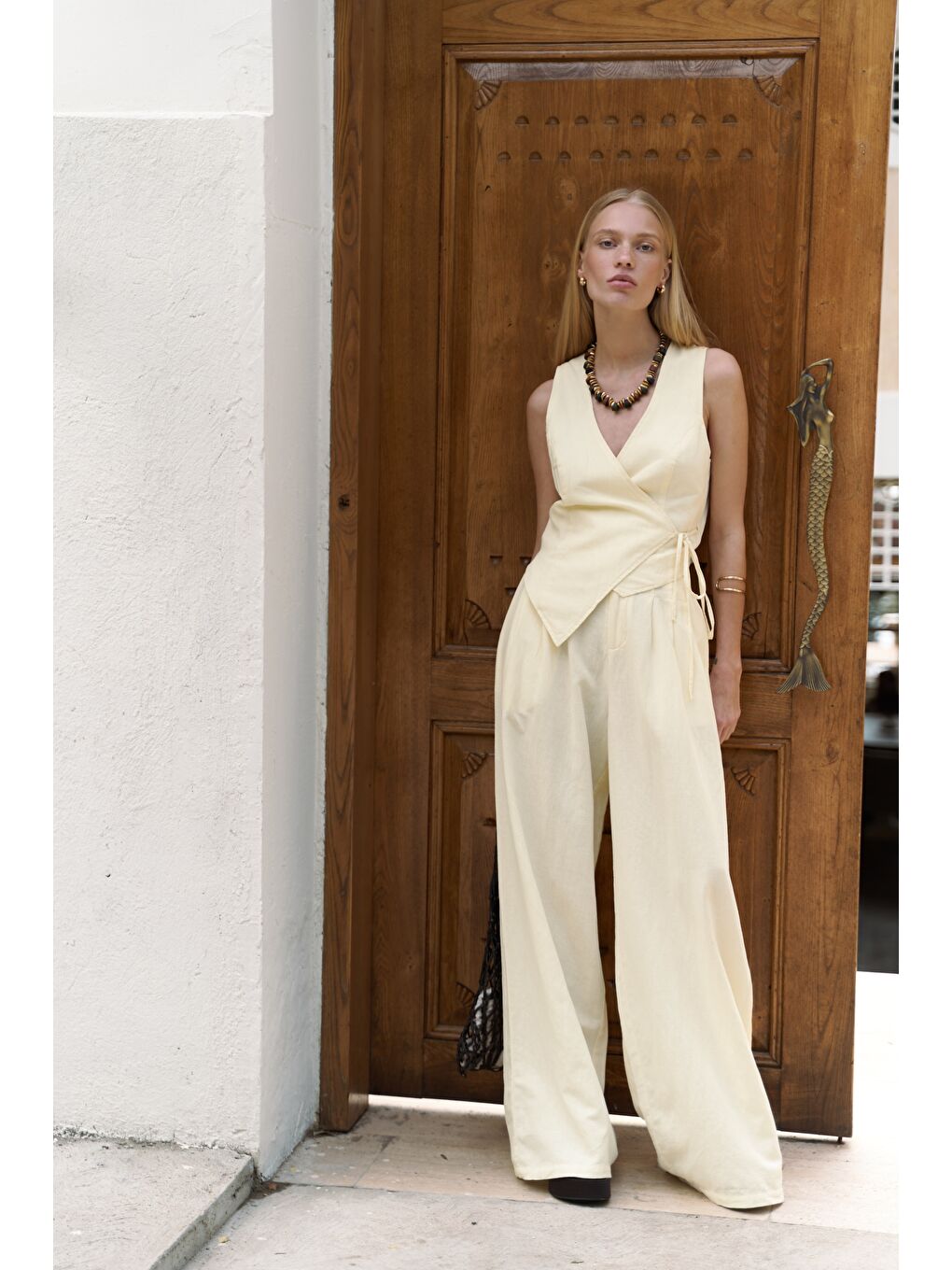 Moibel Bağcık Detay Sarı Crop Pantolon Takım-3