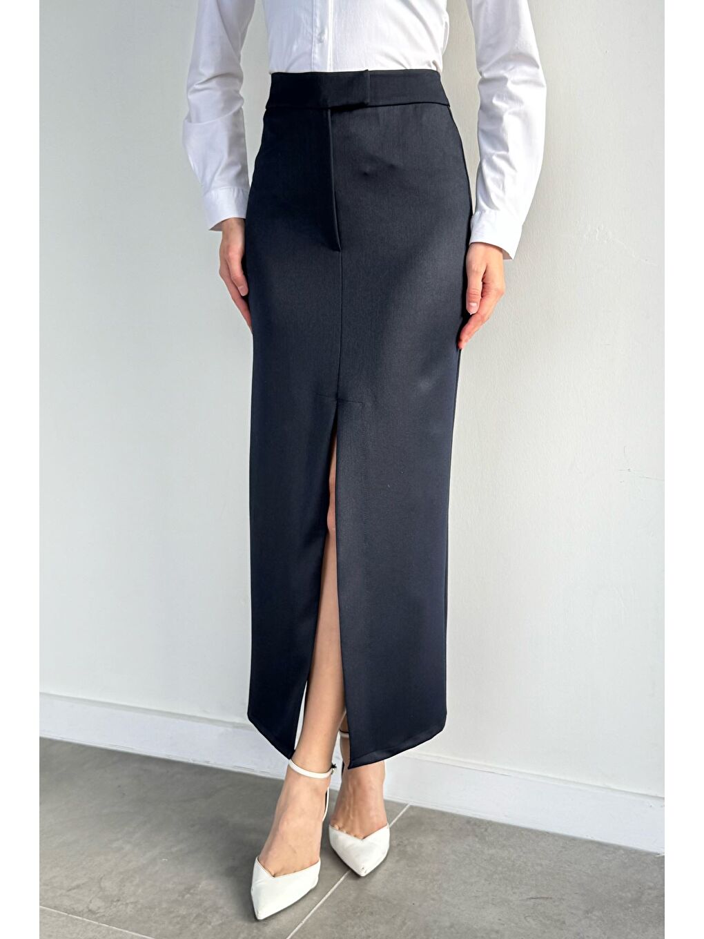 Lacivert Kadın Önden Yırtmaçlı Kalem Etek-1