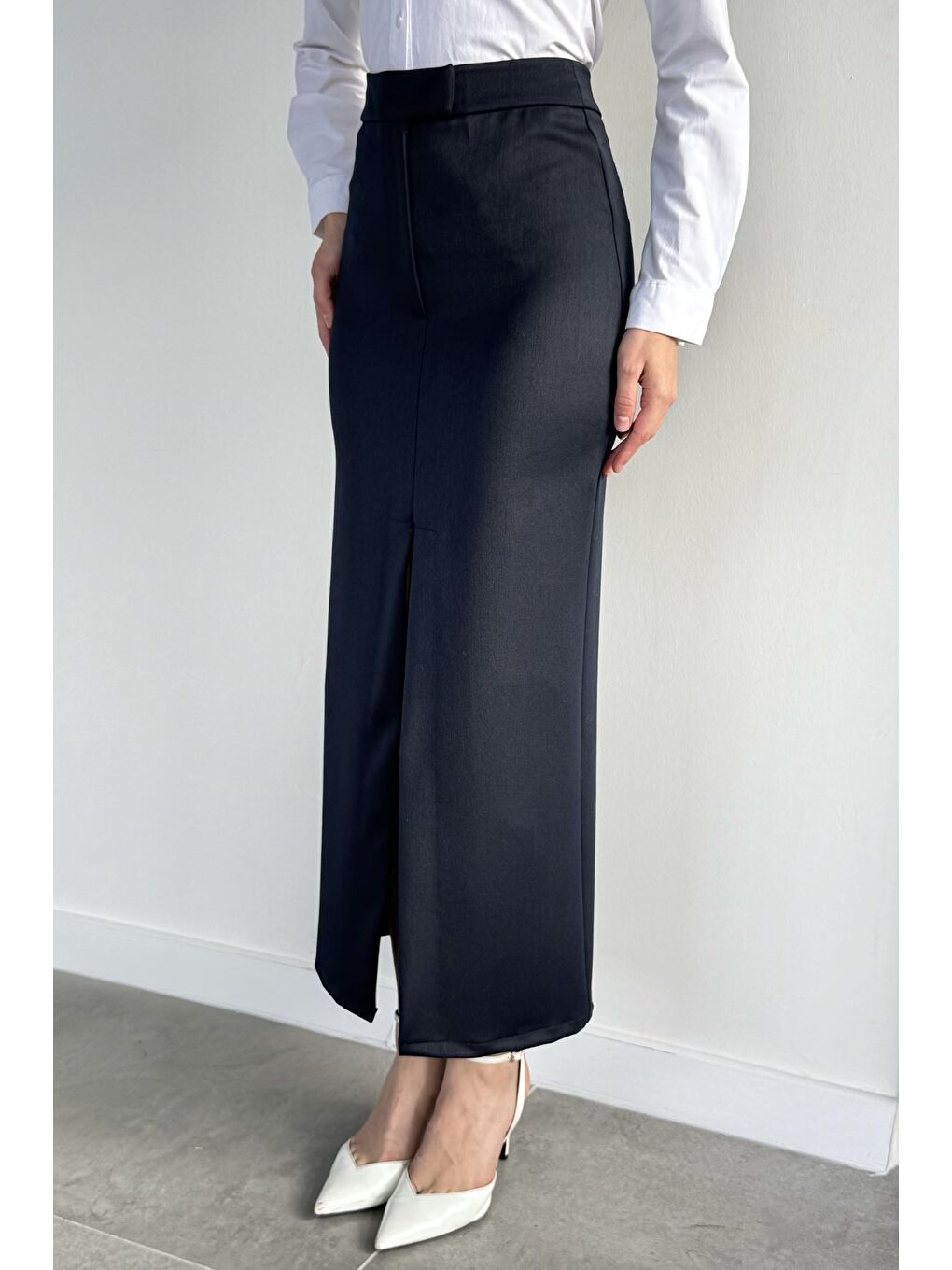 Lacivert Kadın Önden Yırtmaçlı Kalem Etek-2