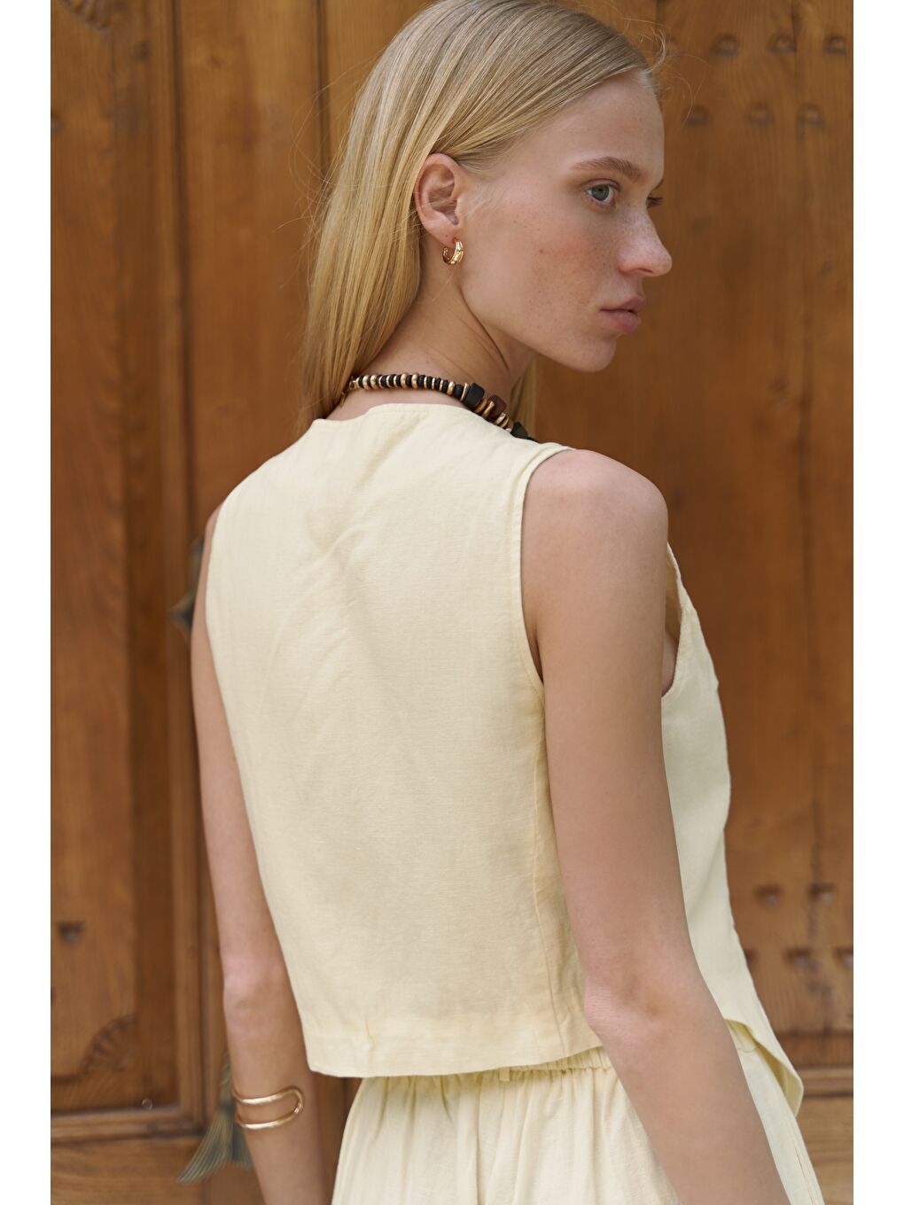 Moibel Bağcık Detay Sarı Crop Pantolon Takım-4