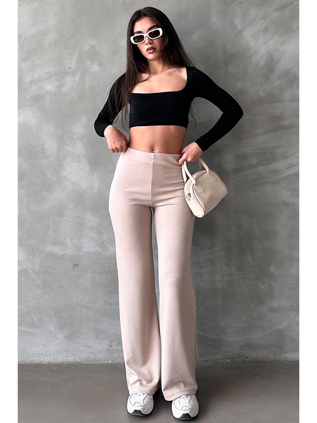 Bej Yüksek Bel Düz Model Kadın İspanyol Paça Tayt Pantolon Mg2288