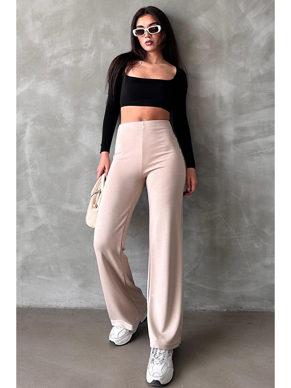 Bej Yüksek Bel Düz Model Kadın İspanyol Paça Tayt Pantolon Mg2288-1