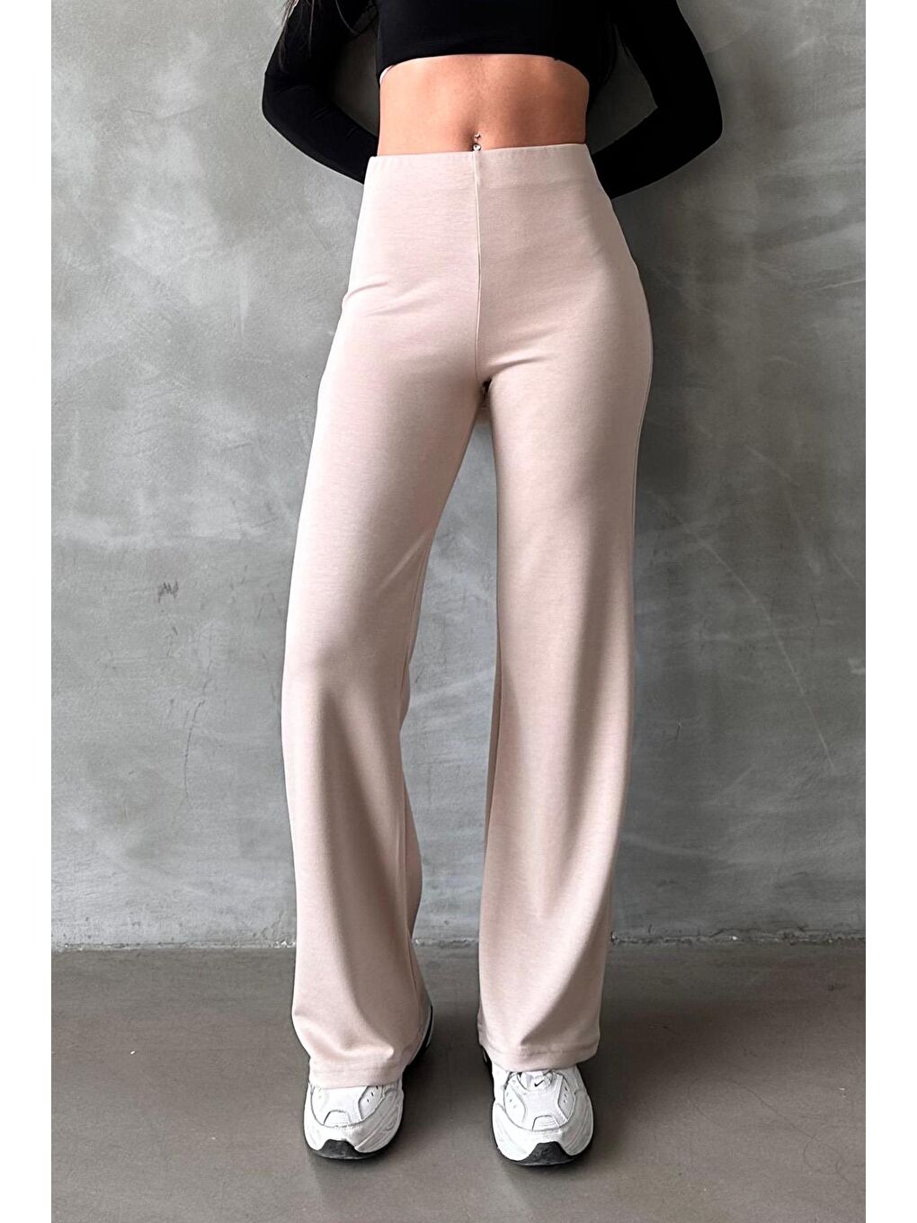 Bej Yüksek Bel Düz Model Kadın İspanyol Paça Tayt Pantolon Mg2288-2