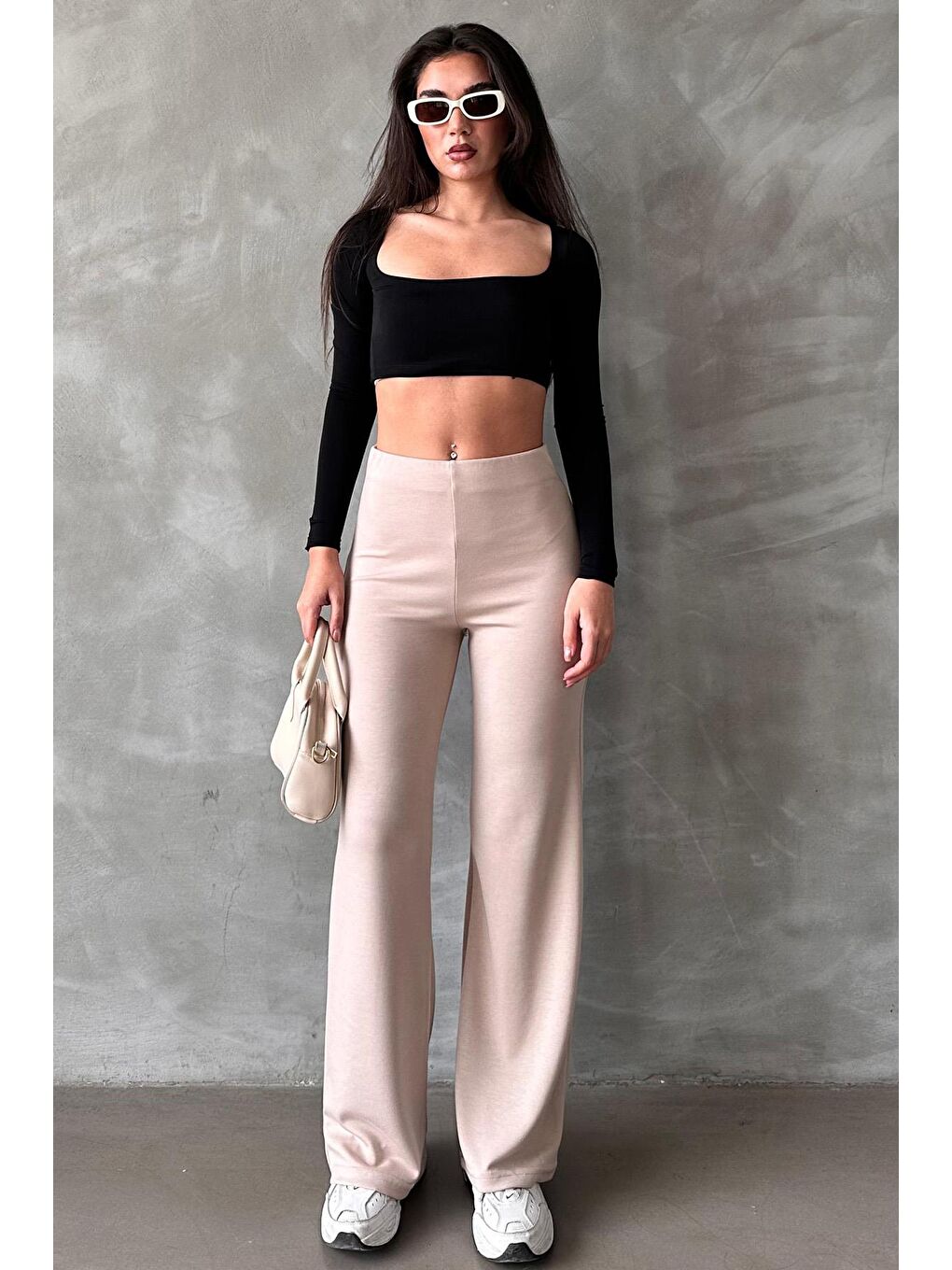 Bej Yüksek Bel Düz Model Kadın İspanyol Paça Tayt Pantolon Mg2288-3
