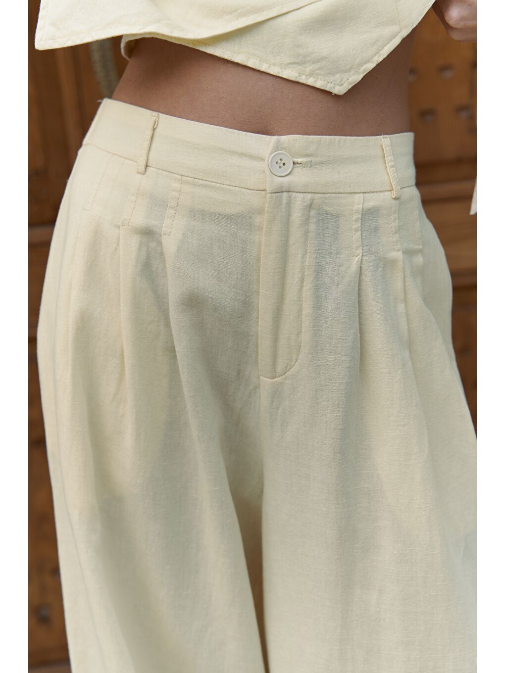 Moibel Bağcık Detay Sarı Crop Pantolon Takım-6