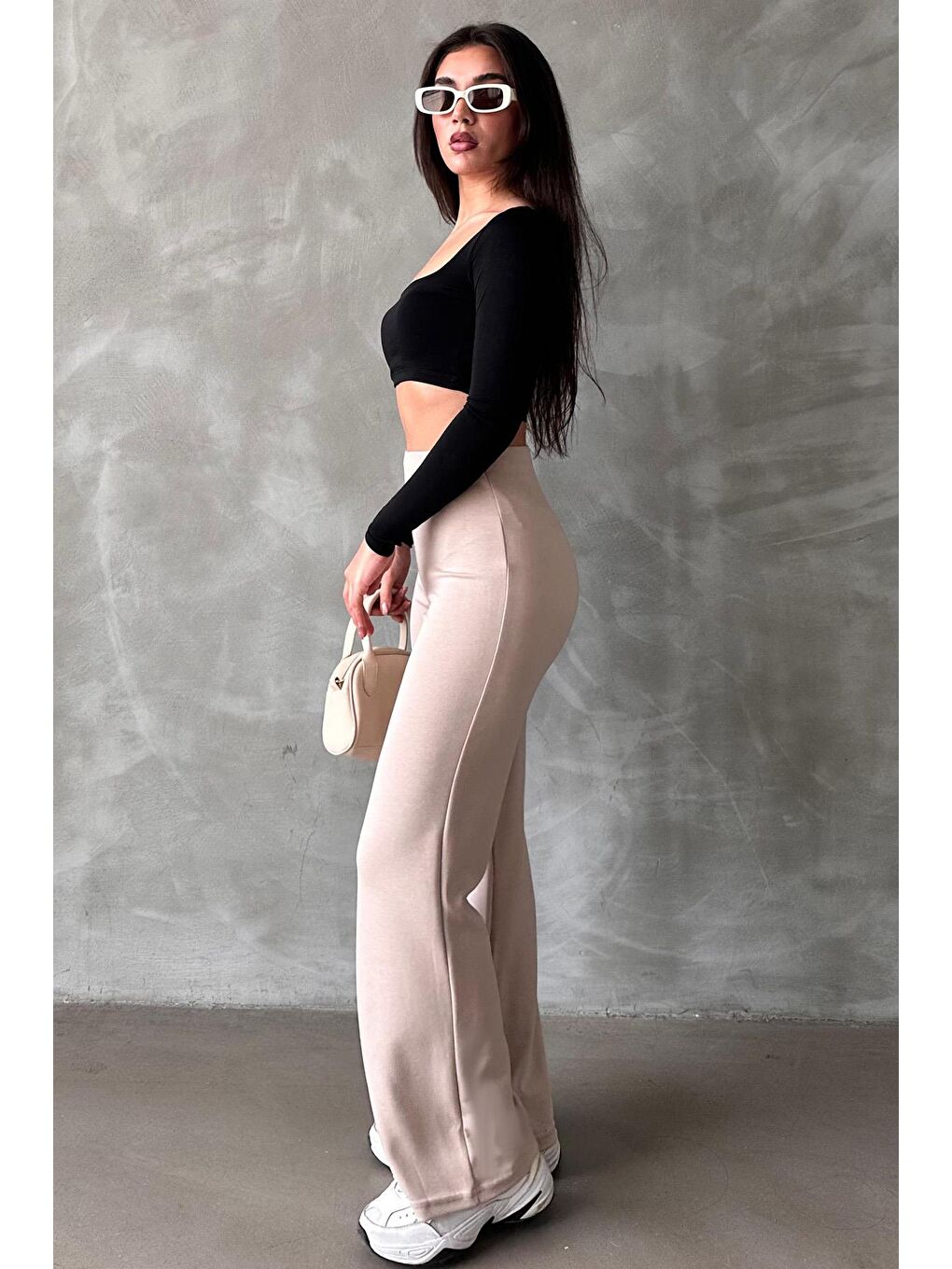 Bej Yüksek Bel Düz Model Kadın İspanyol Paça Tayt Pantolon Mg2288-4