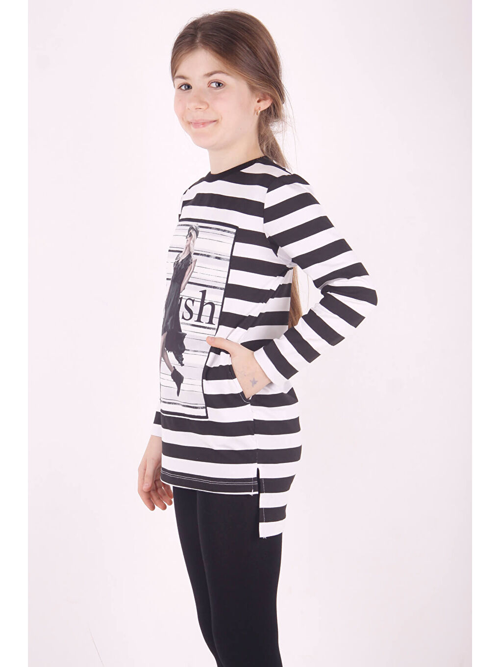Beyaz Kız Çocuk Çizgili Kız Baskılı Tişört-1