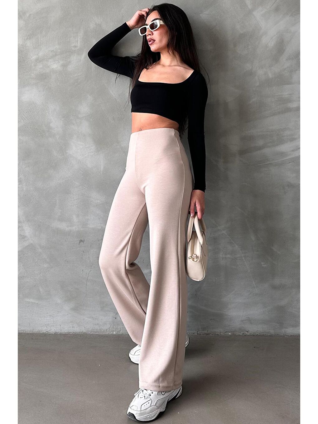 Bej Yüksek Bel Düz Model Kadın İspanyol Paça Tayt Pantolon Mg2288-5