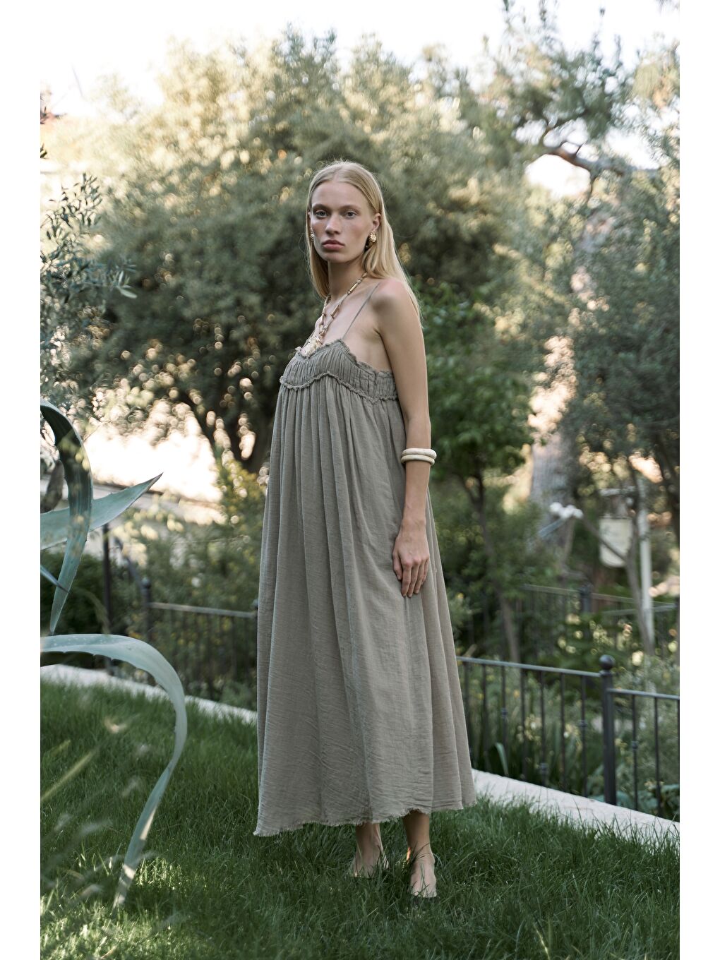 Torrora Uzun Haki Keten Elbise-2