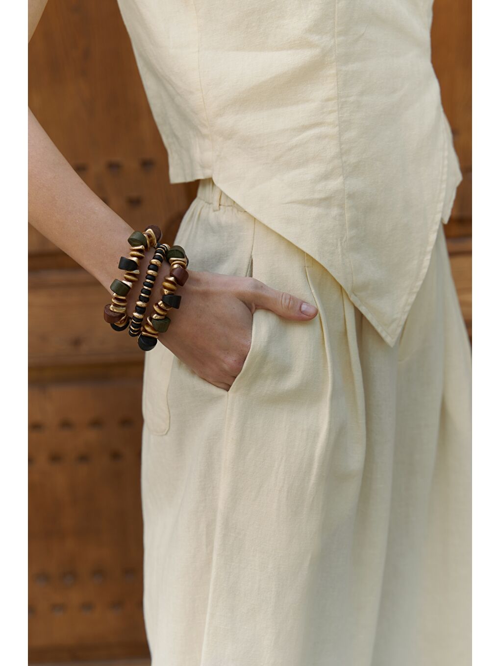 Moibel Bağcık Detay Sarı Crop Pantolon Takım-7