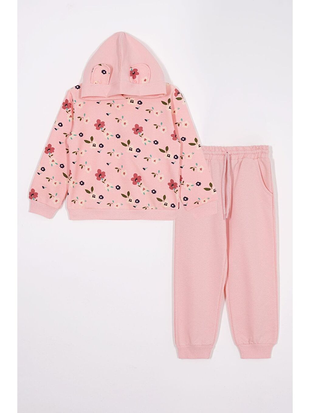 Çiçek Desenli Kapüşonlu Kulak Detaylı Pembe Renk Kız Çocuk Eşofman Takımı