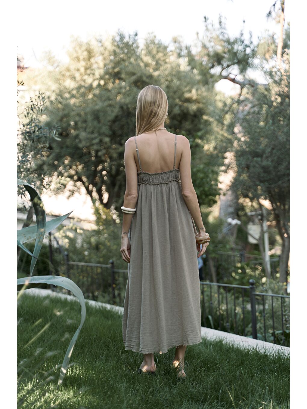 Torrora Uzun Haki Keten Elbise-3