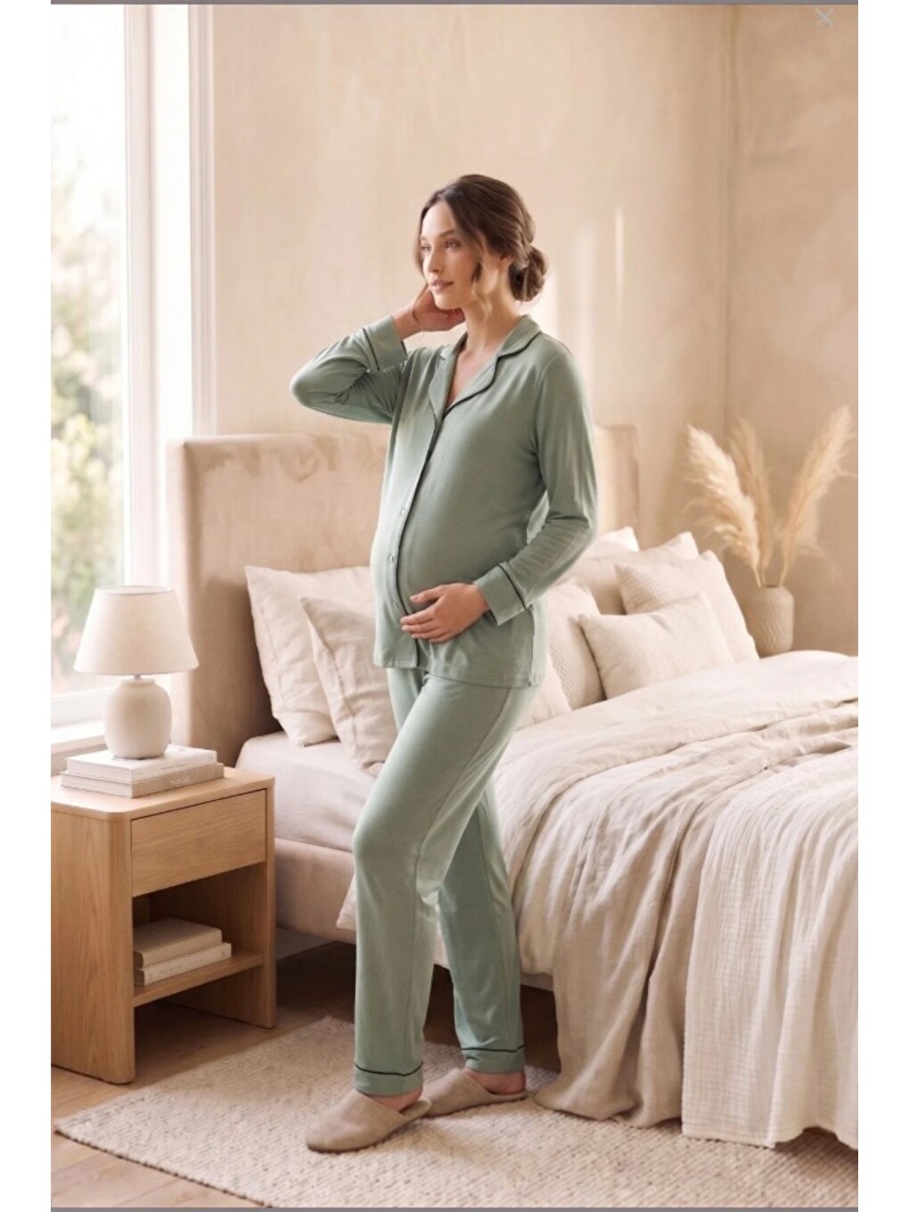 Yeşil Gömlek Yaka Önden Düğmeli Uzun Kol Rahat Form Hamile Ve Lohusa Pijama Takımı-1
