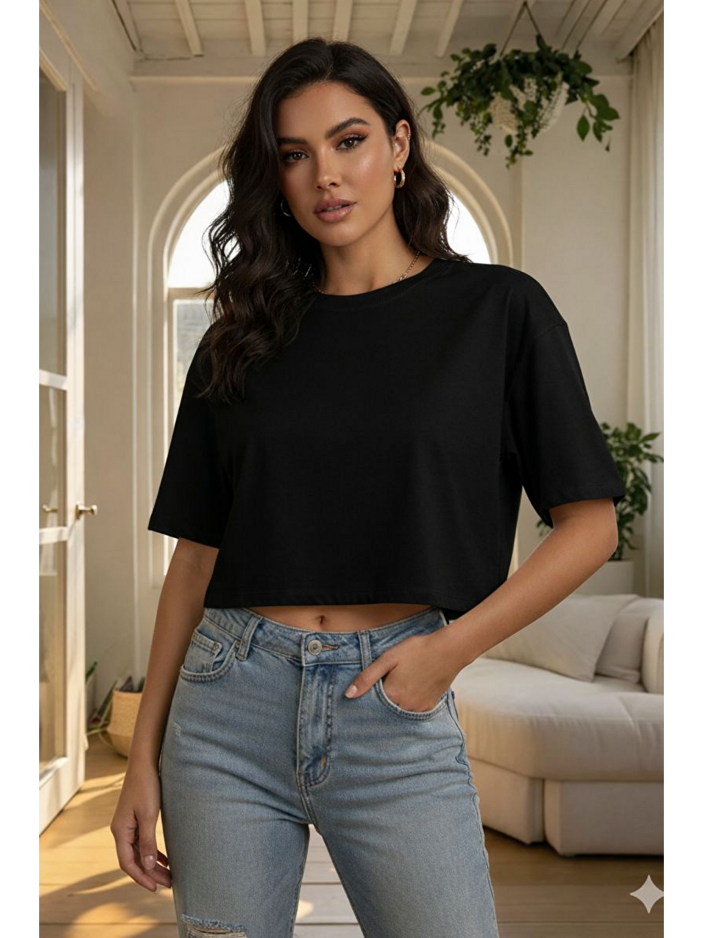 Kadın Siyah-Beyaz Bisiklet Yaka Oversize Crop Tişört - %100 Pamuklu Basic Kısa Kol-1