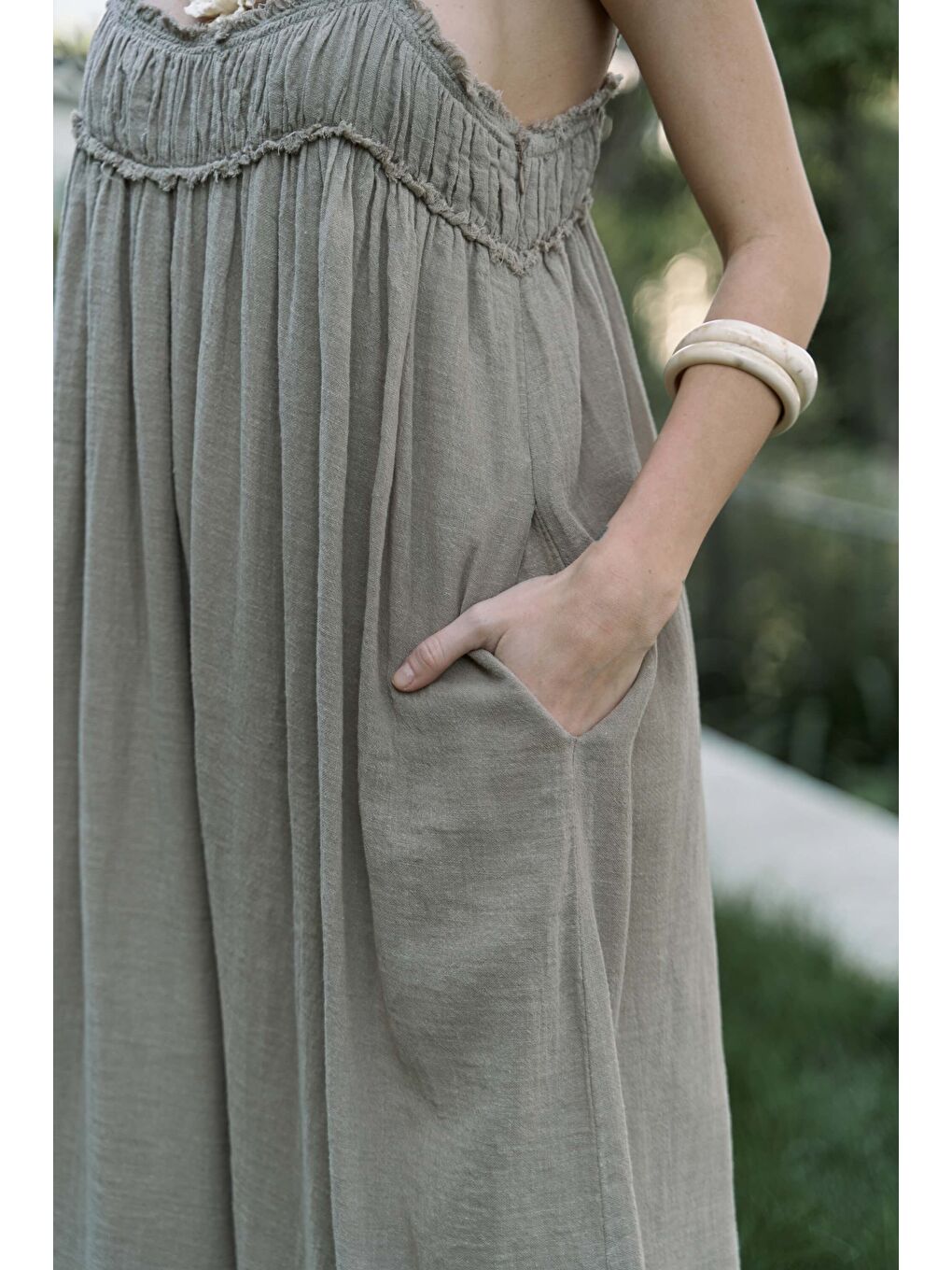 Torrora Uzun Haki Keten Elbise-7