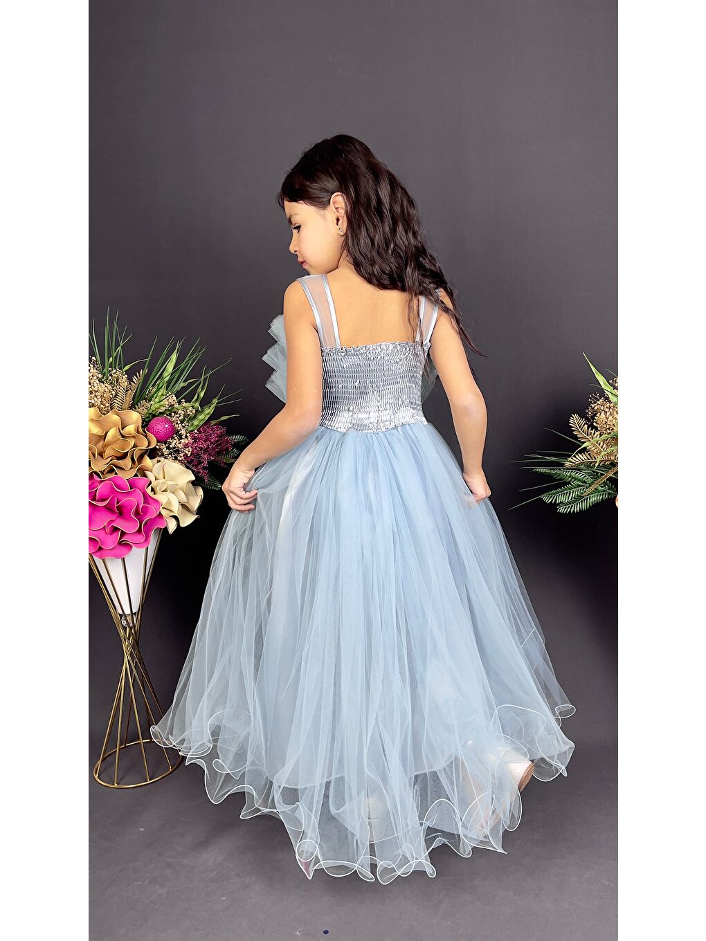 Mavi Kız Çocuk Robası Katlı Özel Abiye Elbise MNK0475-9