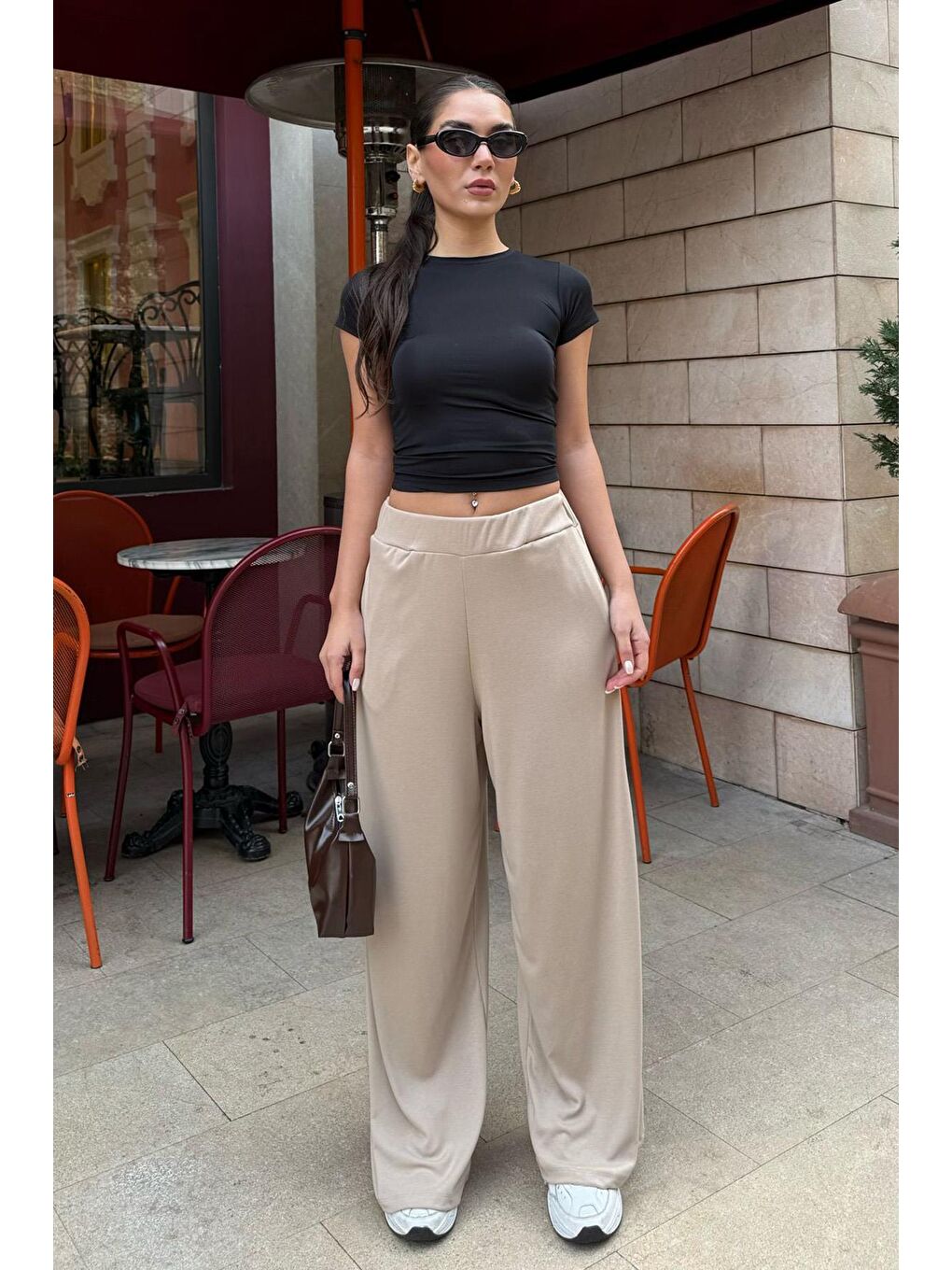 Bej Yüksek Bel Rahat Kesim Geniş Paça Kadın Pantolon Mg2309
