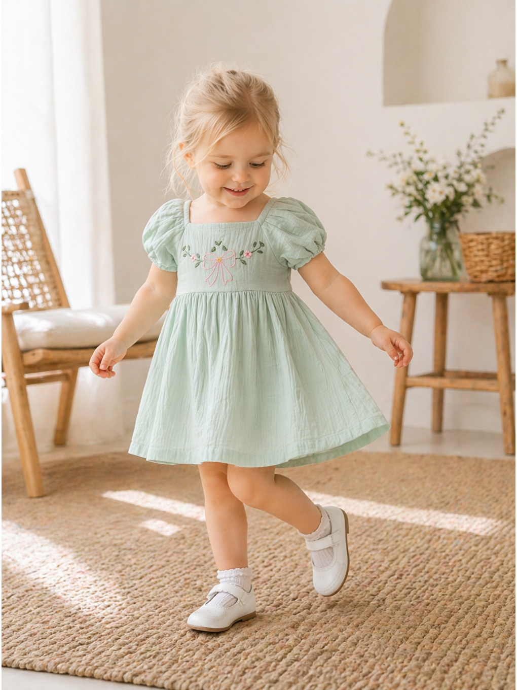 Yeşil Kız Bebek Muslin Kumaş Elbise %100 Pamuklu-1