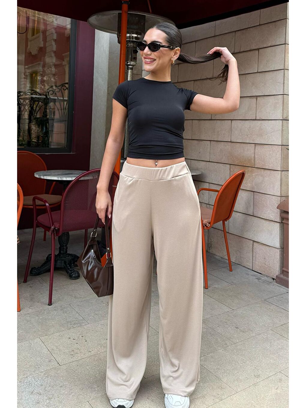 Bej Yüksek Bel Rahat Kesim Geniş Paça Kadın Pantolon Mg2309-1