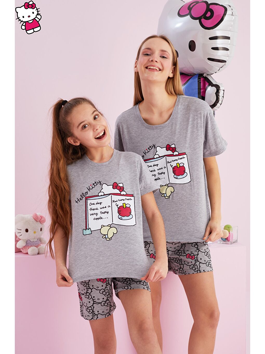 SİYAH İNCİ Yeşil Hello Kitty Lisanslı %100 Pamuk Gri Çok Renkli Bisklet Yaka Şort Pijama Takım