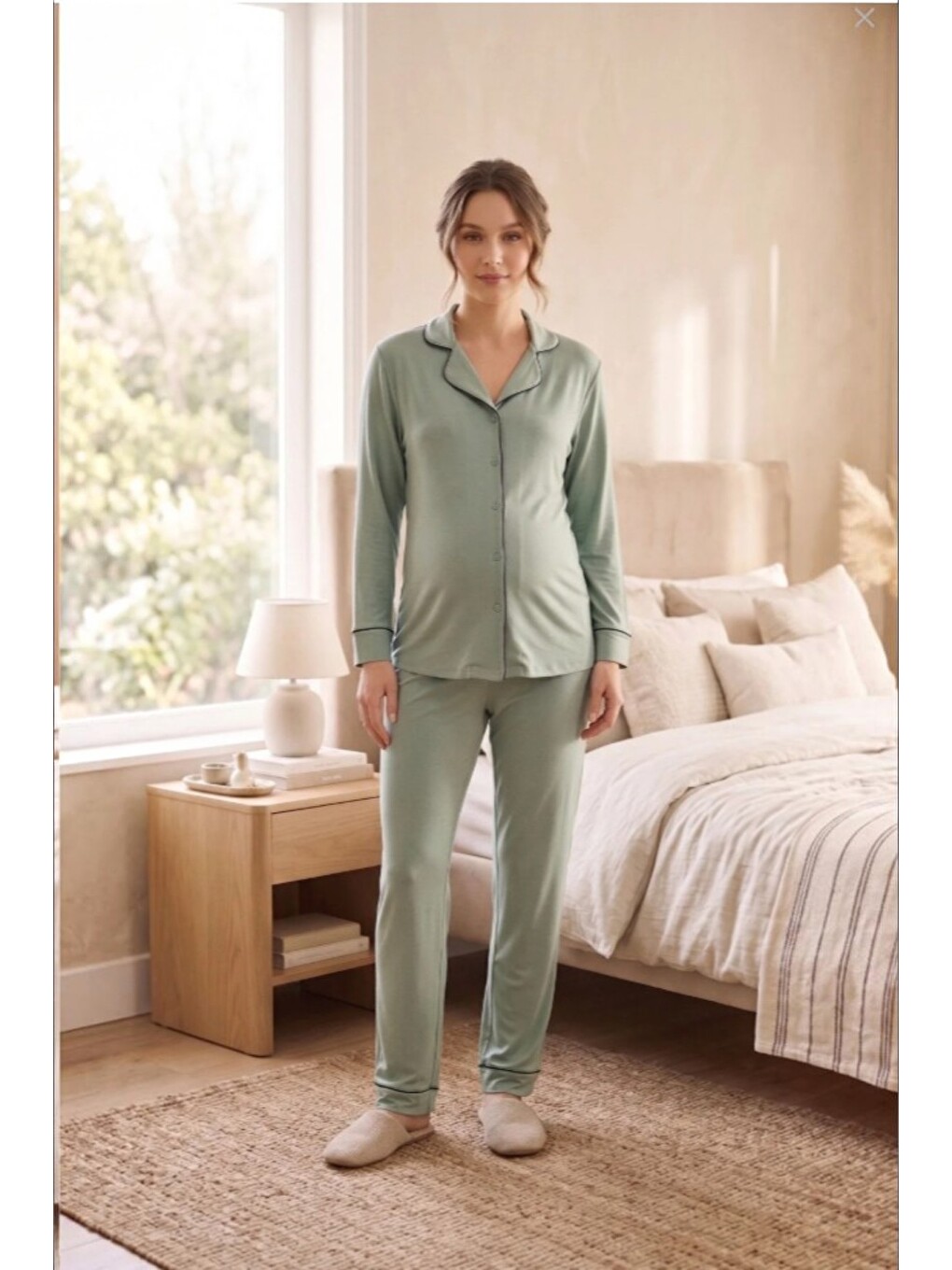 Yeşil Gömlek Yaka Önden Düğmeli Uzun Kol Rahat Form Hamile Ve Lohusa Pijama Takımı-3