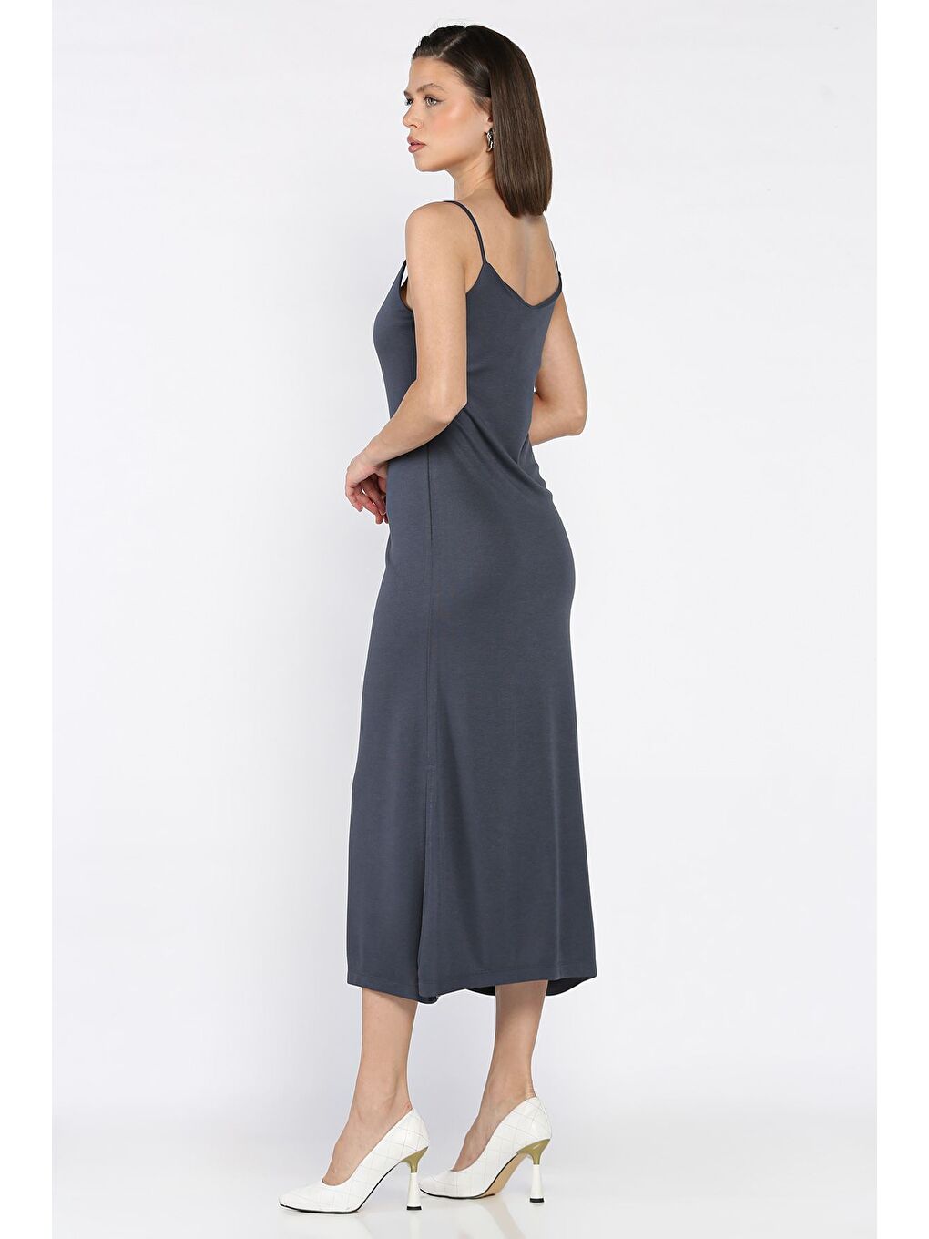 Gri Kadın İp Askılı Yırtmaç Detaylı Elbise-2