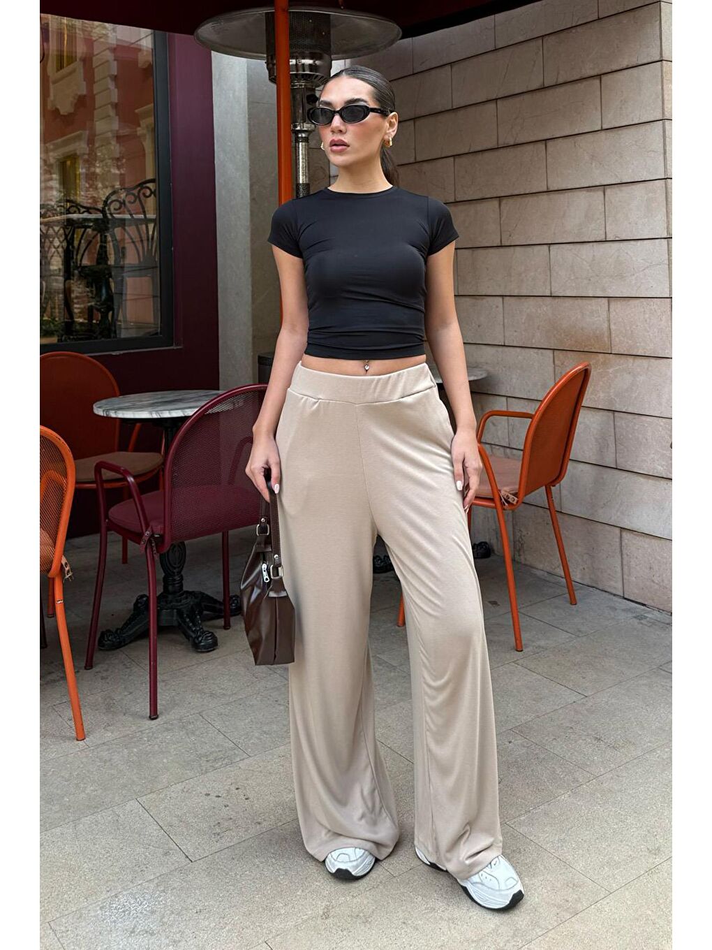 Bej Yüksek Bel Rahat Kesim Geniş Paça Kadın Pantolon Mg2309-2